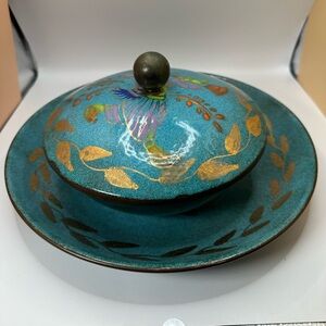Vintage Enamel on Copper 50s-60s Decorated Bowl Plate &Covered Dish wAsian Motif